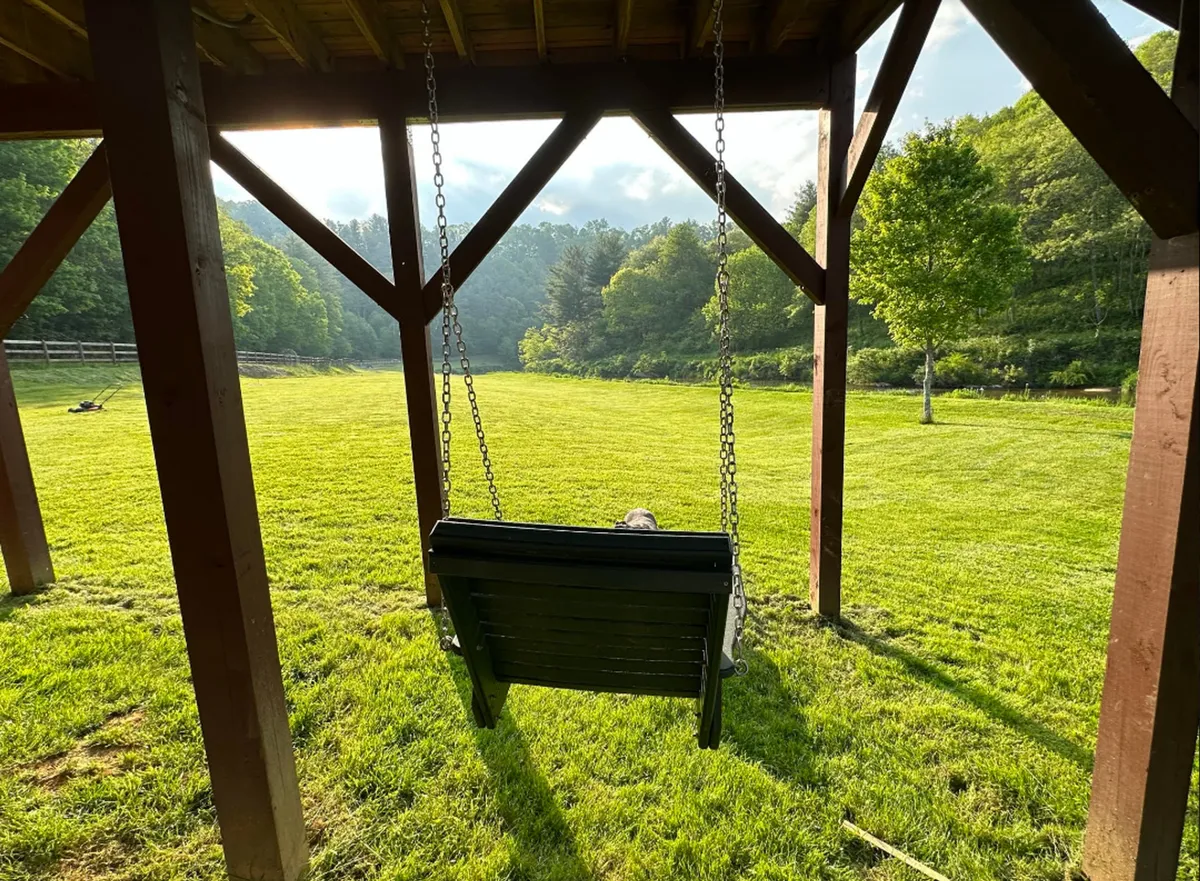 The image features a swing set on lush, sunlit grass, surrounded by mature trees with sunlight filtering through the leaves. The feeling is serene and idyllic, perfect for quiet moments or leisurely afternoons spent outdoors.